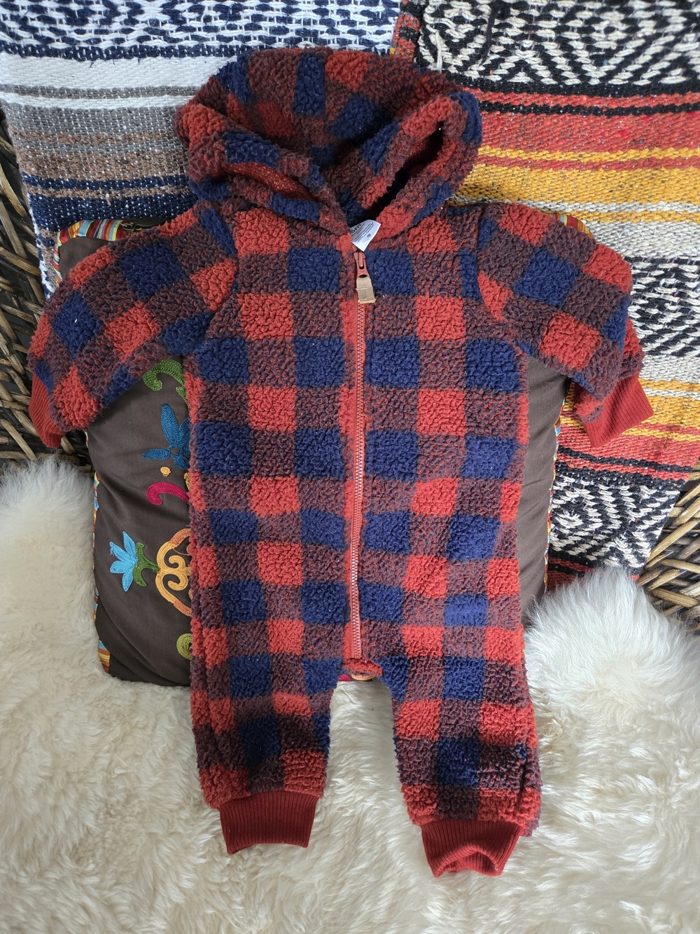 Carter's Red & Navy Plaid Sherpa Hooded Footless One-Piece